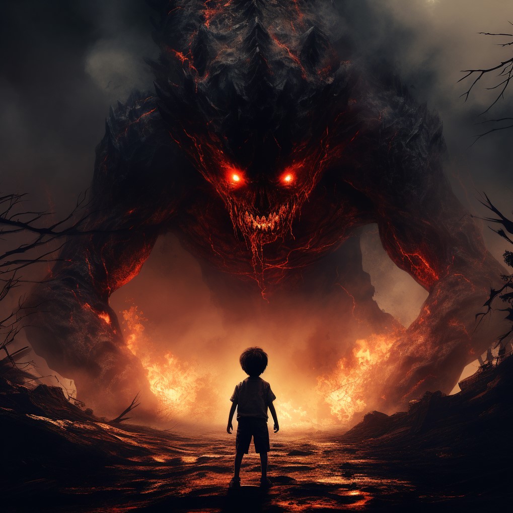 Маленький хлопчик стоїть перед монстром