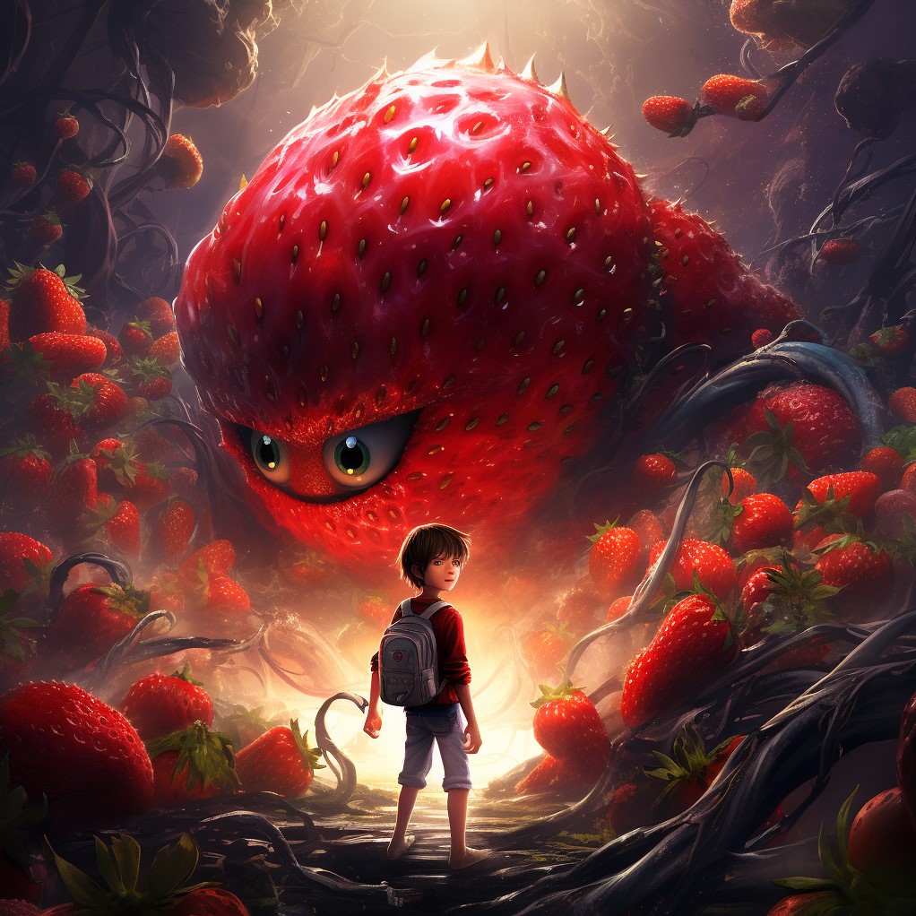 Сміливий хлопчик стоїть перед величезною засмученою полуницею