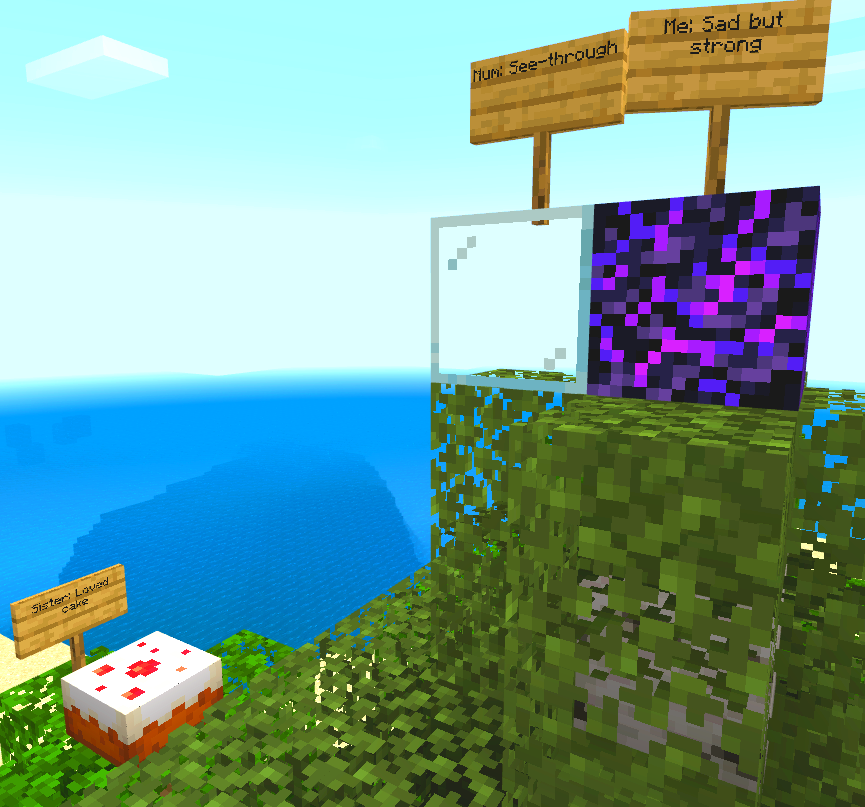 Дерево у Minecraft. На гілках таблички із надписами, що дещо говорять про кожного з членів родини.