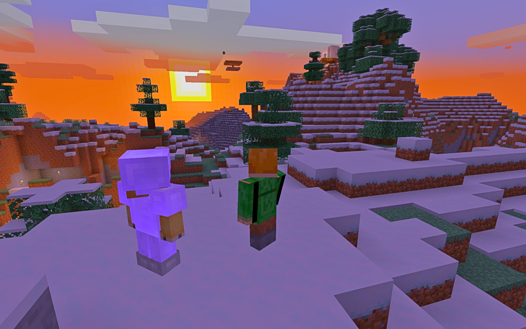 Двоє гравців спостерігають захід сонця у Minecraft