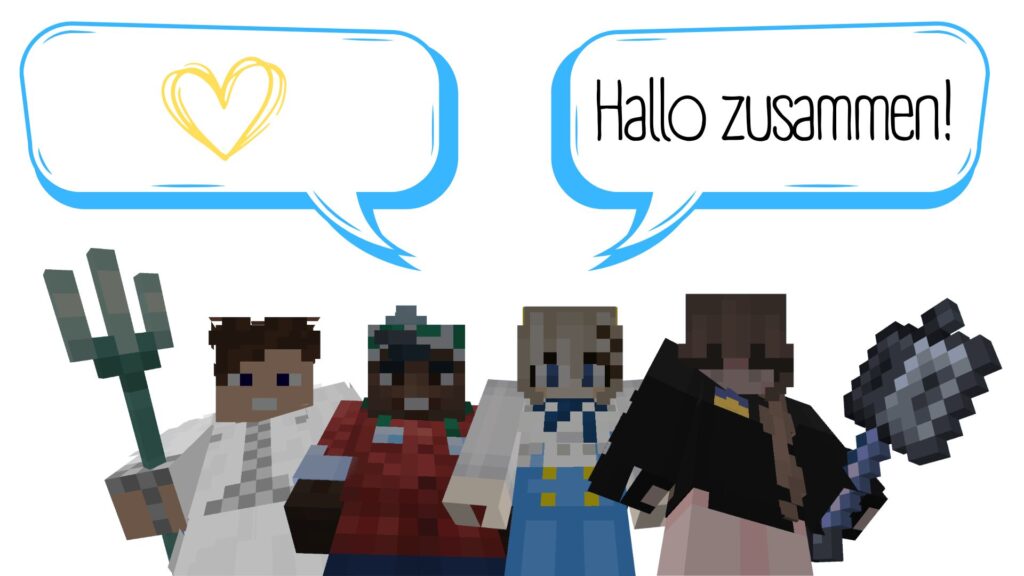 Vier Spieler in Minecraft sagen: „Hallo zusammen!“